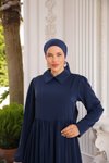 Lacivert Yakalı Pelerinli Tesettür Elbise