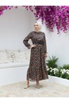 Leopar Desen Rahat Kesim Büzgülü Şifon Tesettür Elbise