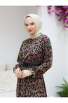 Leopar Desen Rahat Kesim Büzgülü Şifon Tesettür Elbise