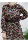 Leopar Desen Rahat Kesim Büzgülü Şifon Tesettür Elbise