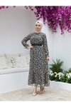 Leopar Desenli Rahat Kesim Şifon Eteği Büzgülü Tesettür Elbise