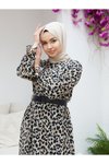 Leopar Desenli Rahat Kesim Şifon Eteği Büzgülü Tesettür Elbise