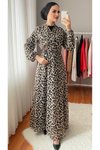 Leopar Kruvaze Yaka Şifon Tesettür Elbise