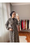Leopar Kruvaze Yaka Şifon Tesettür Elbise