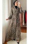 Leopar Şifon Kruvaze Yaka Tesettür Elbise