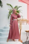 Pembe Desenli Çan Etek Kobe Saten Tesettür Elbise