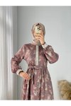 Pembe Şal Desen Keten Tesettür Dantel Detaylı Elbise