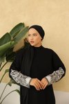 Siyah Etnik Desenli Fitilli Triko Premium Tesettür Elbise