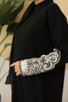 Siyah Etnik Desenli Fitilli Triko Premium Tesettür Elbise