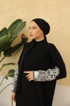 Siyah Etnik Desenli Fitilli Triko Premium Tesettür Elbise
