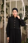 Siyah Medine İpeği Önlüklü Tesettür Elbise