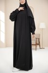 Modest Gathered Buttoned Modal Cupra Dress - Black