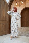 Turuncu Desenli Çingene Model Hakim Yaka Keten Tesettür Elbise