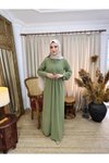Yeşil Örme Yarım Pat Düğmeli Tesettür Elbise