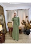 Yeşil Örme Yarım Pat Düğmeli Tesettür Elbise
