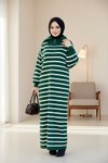 Striped Knit Zip Neck Modest Dress - Emerald
