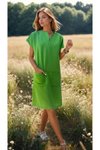 Açık Yeşil Yazlık Giy-Çık Midi Özel Dokulu Cepli Elbise