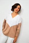 Bej Beyaz Rahat V Yaka Yumuşak Dokulu 3 İplik Penye Bluz