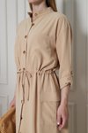 Bej Krep Uzun Yazlık Büzgülü Katlanabilir Kollu Cepli Elbise