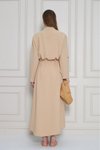 Bej Krep Uzun Yazlık Büzgülü Katlanabilir Kollu Cepli Elbise