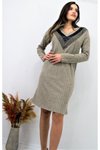 Bej Midi Uzun Kollu V Yaka Deri Garnili Yumuşak Pamuklu Triko Elbise