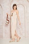 Bej Uzun Pliseli Yırtmaçlı İnce Askılı Elbise