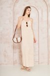 Bej Uzun Pliseli Yırtmaçlı İnce Askılı Elbise