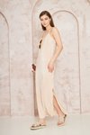 Bej Uzun Pliseli Yırtmaçlı İnce Askılı Elbise