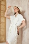 Beyaz Kısa Kollu Yazlık Gömlek Midi Kırışmaz Düğmeli Safari Cepli Elbise