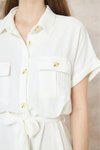 Beyaz Kısa Kollu Yazlık Gömlek Midi Kırışmaz Düğmeli Safari Cepli Elbise
