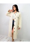 Ekru Oversize Midi Oduncu Gömlek Tunik Kaşe Kemerli Çift Cep Düğmeli Elbise