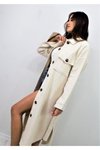 Ekru Oversize Midi Oduncu Gömlek Tunik Kaşe Kemerli Çift Cep Düğmeli Elbise