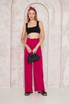 Fuşya Bürümcük Dokulu Yüksek Bel Bol Paça Beli Lastikli Pantolon