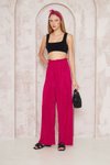 Fuşya Bürümcük Dokulu Yüksek Bel Bol Paça Beli Lastikli Pantolon
