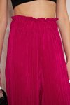 Fuşya Bürümcük Dokulu Yüksek Bel Bol Paça Beli Lastikli Pantolon