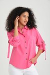 Fuşya Pembe Bol Kesim Uzun Kollu Toka Detaylı Gömlek