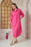 Fuşya Pembe Oversize Bol Midi Spor Uzun Kol Poplin Cepli Gömlek Tunik Elbise