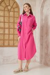 Fuşya Pembe Oversize Bol Midi Spor Uzun Kol Poplin Cepli Gömlek Tunik Elbise