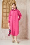 Fuşya Pembe Oversize Bol Midi Spor Uzun Kol Poplin Cepli Gömlek Tunik Elbise