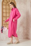 Fuşya Pembe Oversize Bol Midi Spor Uzun Kol Poplin Cepli Gömlek Tunik Elbise