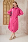 Fuşya Pembe Oversize Bol Midi Spor Uzun Kol Poplin Cepli Gömlek Tunik Elbise