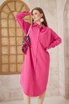 Fuşya Pembe Oversize Bol Midi Spor Uzun Kol Poplin Cepli Gömlek Tunik Elbise