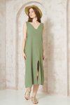 Haki Oversize Uzun Midi Müslin Derin V Yaka Askılı Yırtmaçlı Elbise