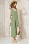 Haki Oversize Uzun Midi Müslin Derin V Yaka Askılı Yırtmaçlı Elbise