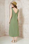 Haki Oversize Uzun Midi Müslin Derin V Yaka Askılı Yırtmaçlı Elbise