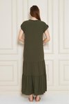 Haki Salaş Rahat Kısa Kol Eteği Fırfırlı Apolet Detaylı Elbise