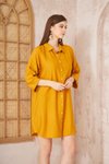 Hardal Salaş Mini Keten Yarım Katlanır Kollu Gömlek Elbise