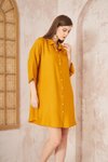 Hardal Salaş Mini Keten Yarım Katlanır Kollu Gömlek Elbise