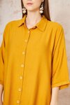 Hardal Salaş Mini Keten Yarım Katlanır Kollu Gömlek Elbise