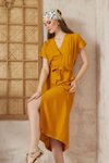 Hardal Uzun Rahat Kesim Kısa Kollu Keten Kemerli Yırtmaçlı Elbise